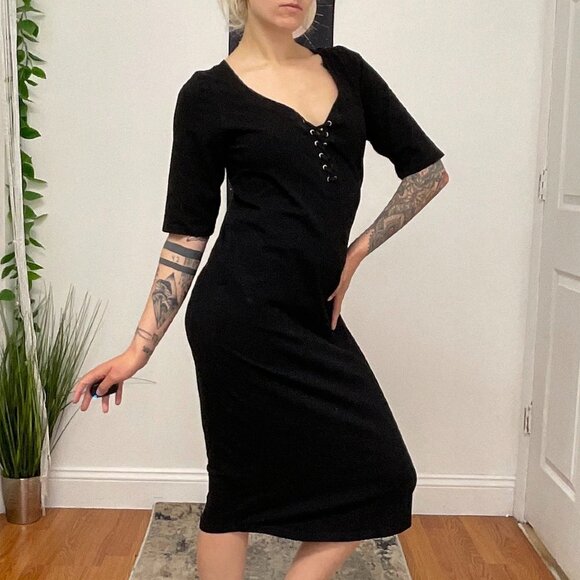 Monrow Mommy Jersey Lace-Up Midi Dress Short Sleeve Size L Black - Picture 15 of 16